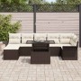 Braunes 8-teiliges vidaXL Garten-Sofa-Set aus Poly Rattan mit Tisch und beigen Kissen.