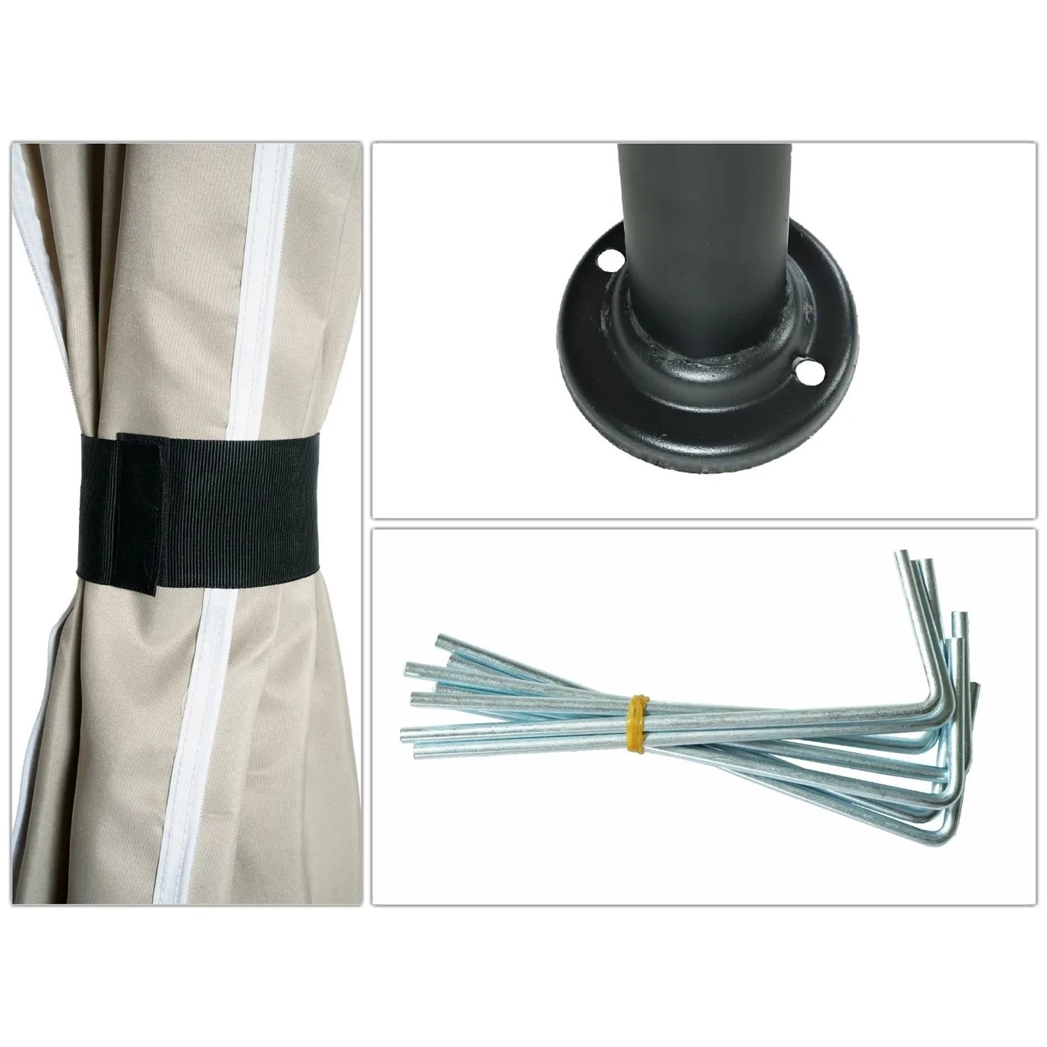 Details der MCW Pergola J63 Creme-Beige: Seitenwandhalterung, Bodenbefestigung und Standfuß.