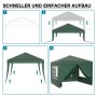 Schneller Aufbau des grünen Wiltec Pavillons 3x3m. Zeigt Gestell, Dach, Beine und fertiges Partyzelt mit Fenstern.