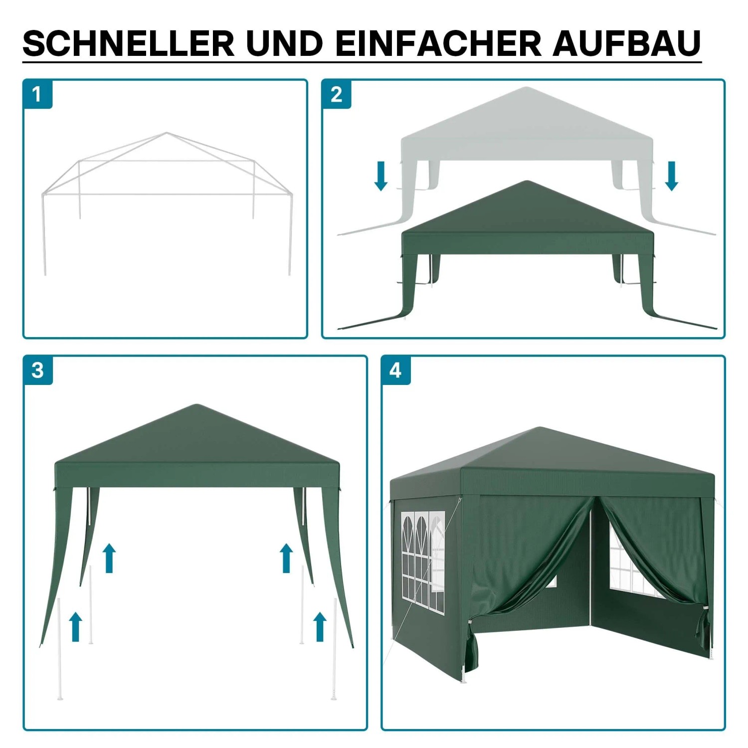 Schneller Aufbau des grünen Wiltec Pavillons 3x3m. Zeigt Gestell, Dach, Beine und fertiges Partyzelt mit Fenstern.