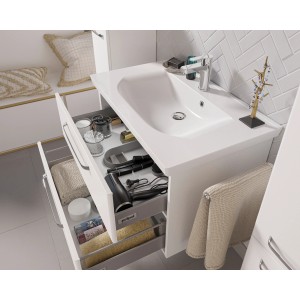 Pelipal Trentino Mineralmarmor-Waschbecken, 80 cm, in Weiß mit offenen Schubladen.