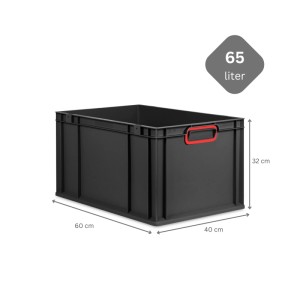Schwarze PROREGAL Eurobox 65L mit rotem Griff, geeignet zur Aufbewahrung und als Transportbox.