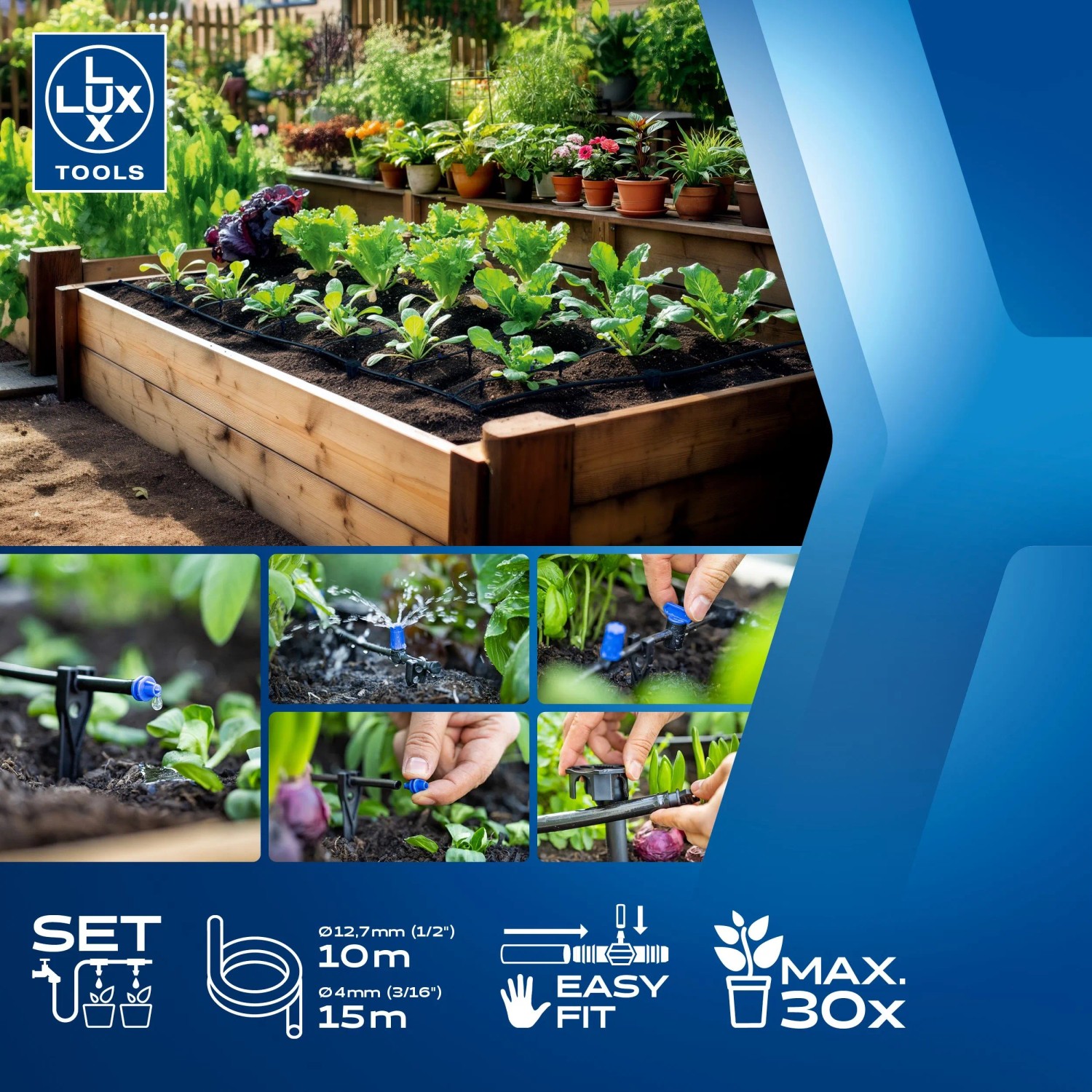 LUX-TOOLS Tropf-Bewässerungs-Set im Hochbeet, bewässert Pflanzen. Micro-Drip-System mit Schläuchen, Tropfern, Sprühern für Garten.