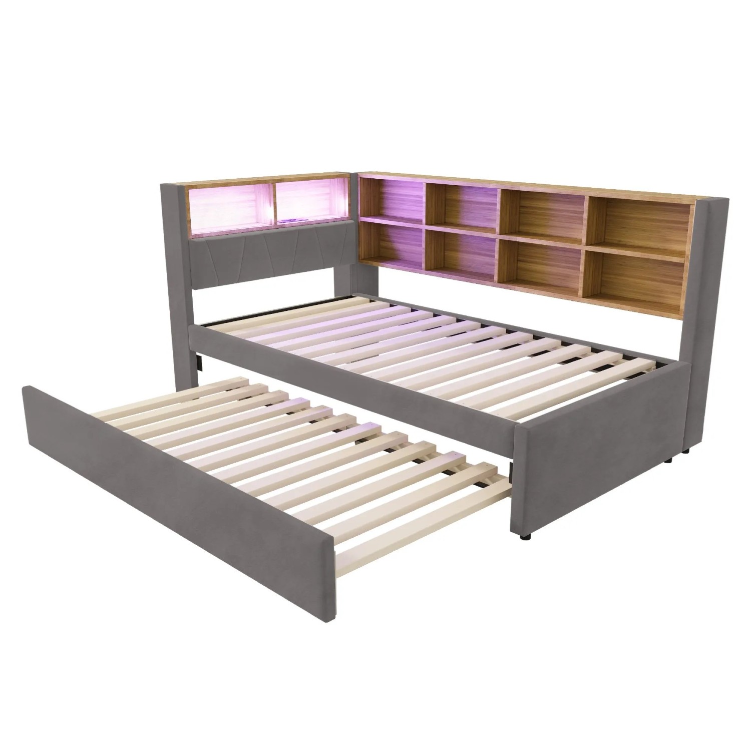Merax Schlafsofa 90x200cm Ausziehbett LED Flanell Dunkelgrau