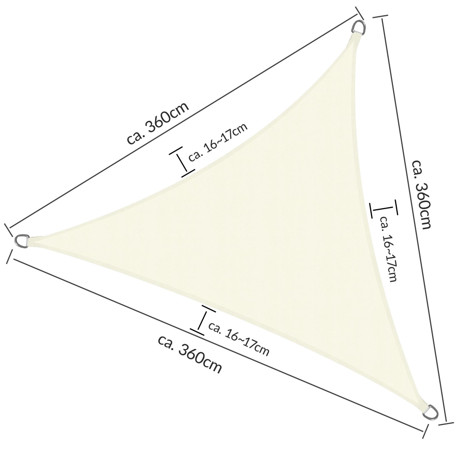 Dreieckiges, creme-farbenes Sol Royal Sonnensegel SolVision PS9, 360x360x360cm.