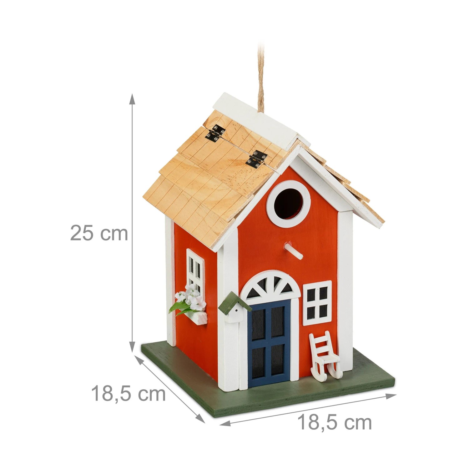 Vogelhaus im Landhausstil, rot, weiß, grün, aus Holz, mit Schaukelstuhl Deko.