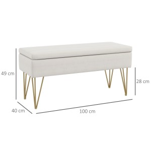Cremefarbene Polsterbank mit Stauraum, Leinenoptik und goldenen Haarnadelbeinen, 100x40x49 cm. Ideal als Hocker.