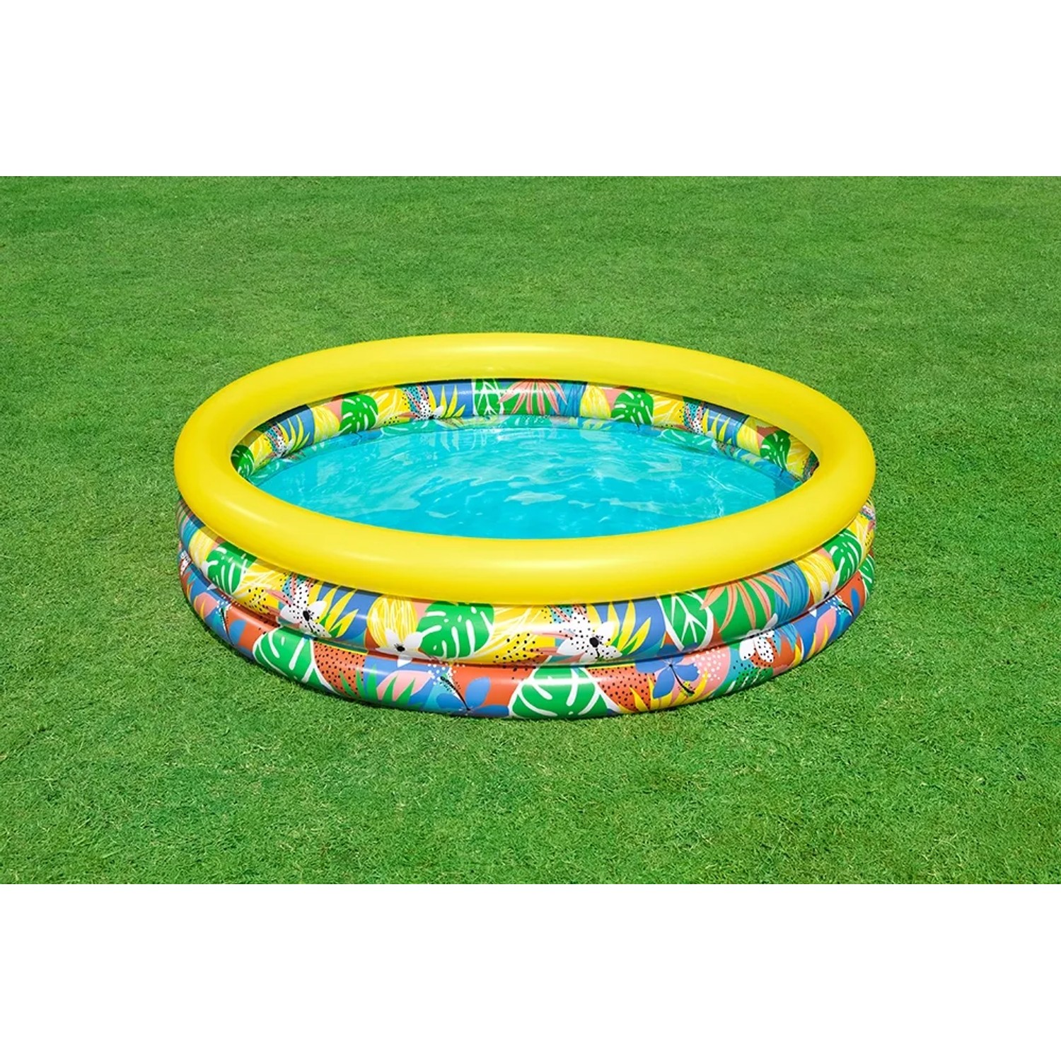 Bestway Planschbecken Floral Paradise, Ø 168 cm, mit bunten tropischen Motiven und gelbem Rand.