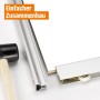 Detailaufnahme Schiebetür-Baupaket mit Profil in Silber und weißer Tür, Hammer liegt bereit.