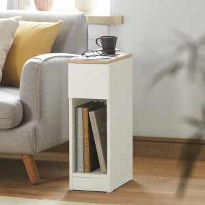 SoBuy Nachttisch FBT111-WN in Weiß mit Schublade und offenem Fach neben Sofa.