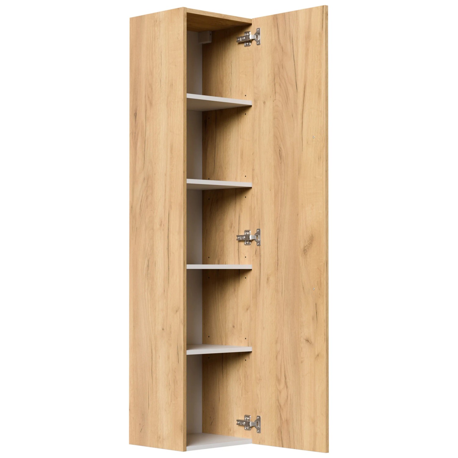 Posseik Hochschrank Levana, Eiche Gold, offene Tür mit Einlegeböden. Bad-Einbauschrank.