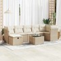 Beige 8-tlg. Garten-Sofagarnitur aus Polyrattan mit Kissen und Tisch für Terrasse und Garten.