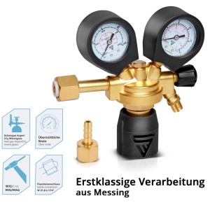 Messing Druckminderer ST 300 Pro für Gasflaschen mit zwei Manometern. Zubehör für Schweißgeräte bis 300 Bar.