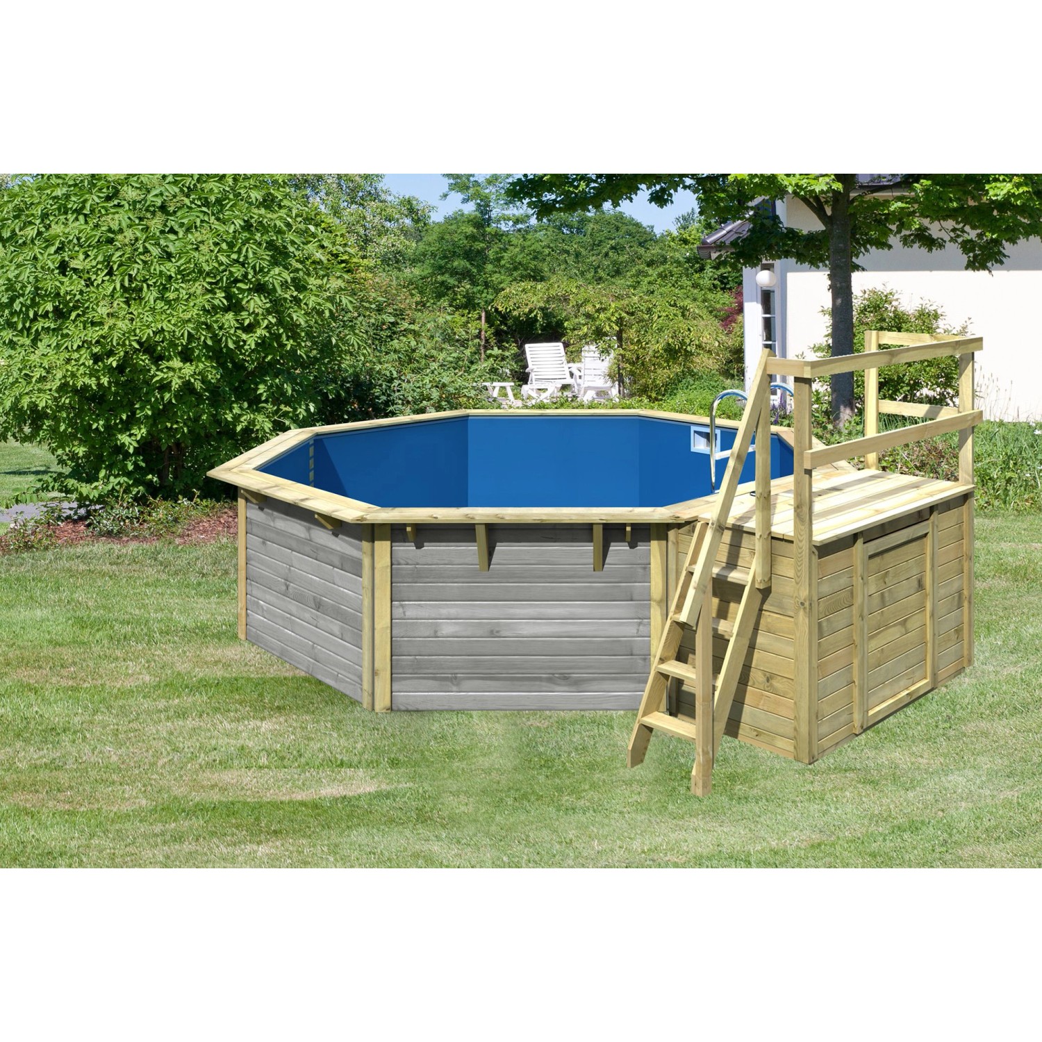 Karibu Pool X2 inkl. Terrasse Wassergrau Innenhülle Blau