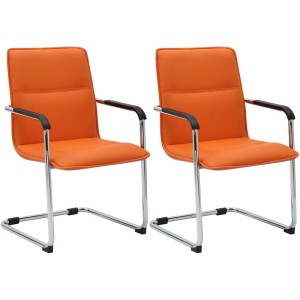 2er Set orangefarbene Freischwinger Seattle Esszimmerstühle aus Kunstleder mit Armlehnen und Chromgestell.