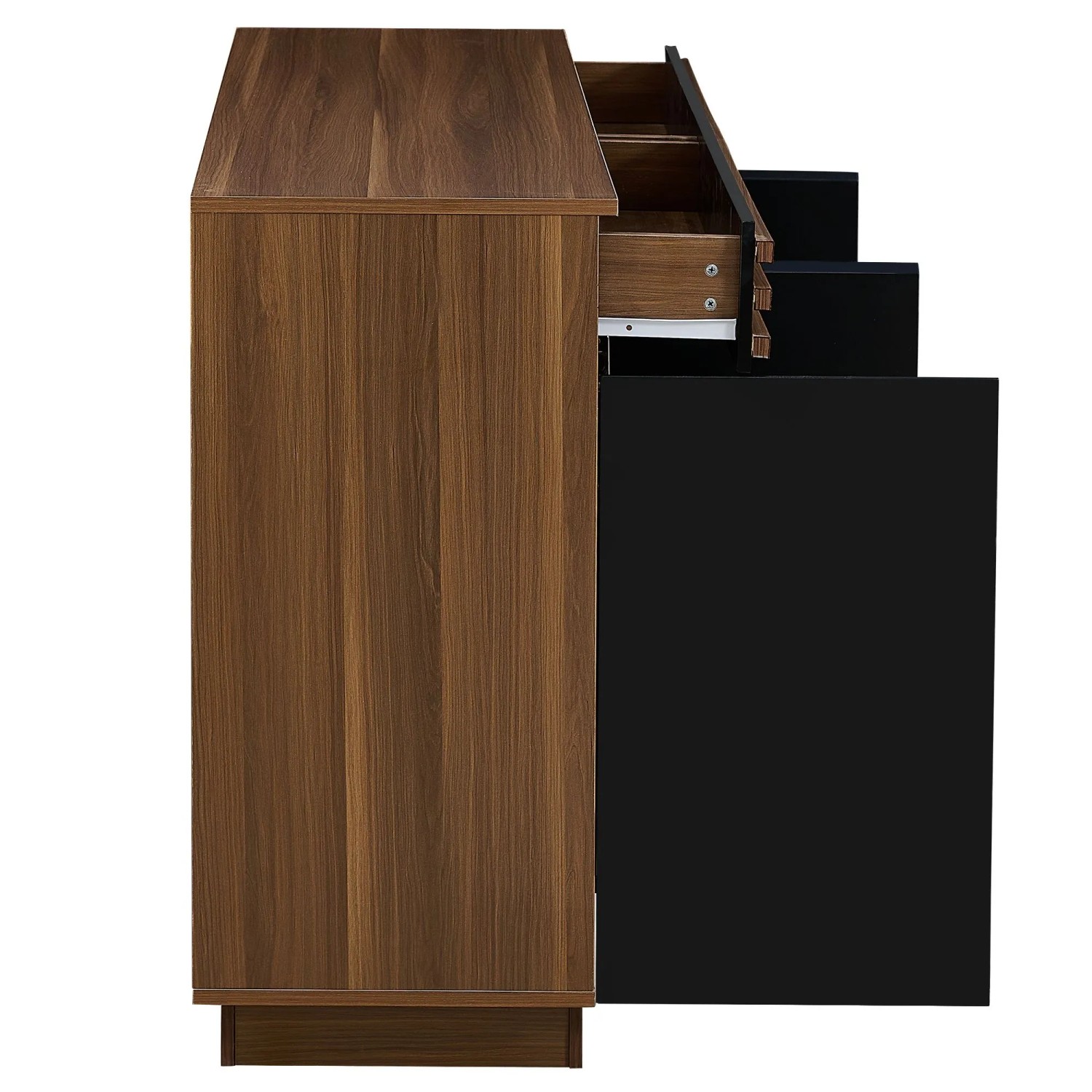 Merax Sideboard, braun mit Holzoptik und schwarzen Türen. Eine Schublade ist leicht geöffnet. Moderner Wohnzimmerschrank mit Stauraum.