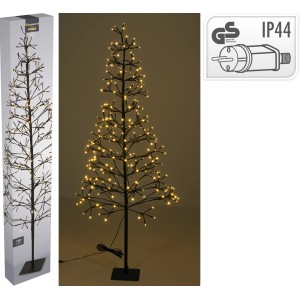 Schwarzer Deko-Tannenbaum mit warmweißen LEDs, 150 cm hoch, für Innen- und Außenbereich.