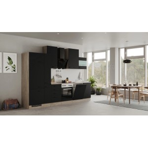 Moderne Flex-Well Küchenzeile Capri in Schwarz Matt und Endgrain Oak mit E-Geräten.