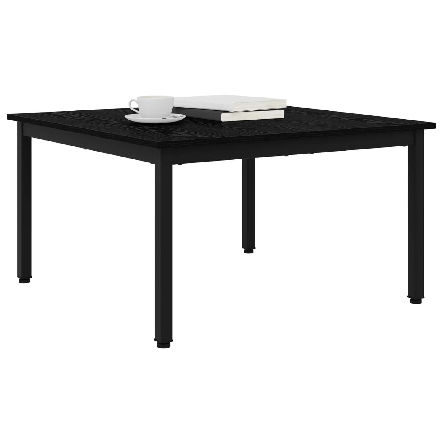 Quadratischer Couchtisch in Schwarz Eichen-Optik mit Tasse und Büchern dekoriert.