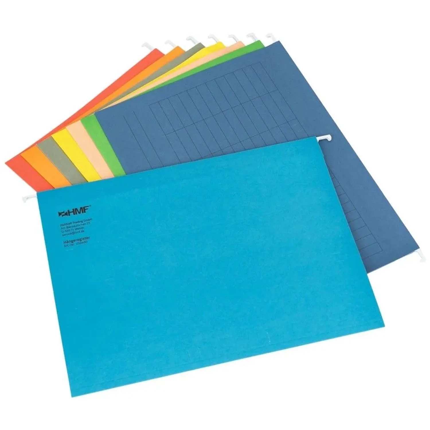 HMF Hängeregister 8er Set in verschiedenen Farben für DIN A4 Dokumente. Ideal zur Büroorganisation.