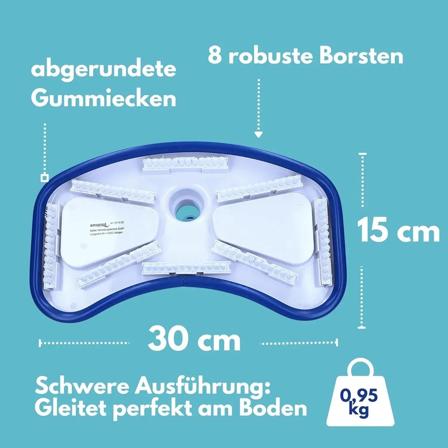 Amapool Pool-Bodensauger, schwere Ausführung, blau/weiß, mit Borsten und Gummilippen.