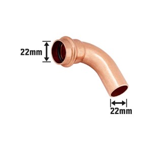 Kupfer Press-Bogen, 22 mm Durchmesser, 90 Grad Winkel für Kupferrohr-Installationen.