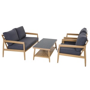 4-teiliges Lounge-Set Napoli im Teaklook mit grauem Tisch und anthrazitfarbenen Kissen.