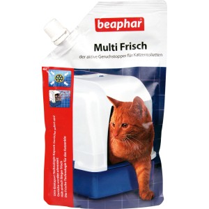 Beaphar Multi Frisch für Katzenklos, 400g Packung mit Katze in Toilette.