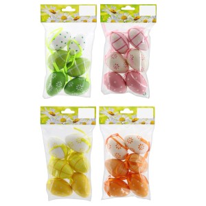 Ostereier-Set, 6-teilig, 4-fach sortiert in verschiedenen Farben und Mustern, zum Aufhängen.