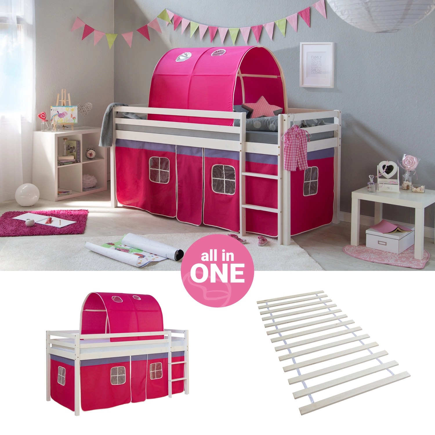 Homestyle4u Hochbett 90x200 mit Vorhang Lattenrost und Tunnel in Weiß 2575