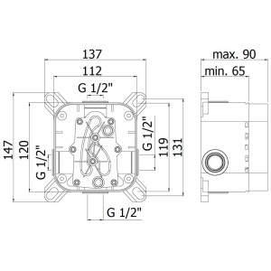 pianura Universal-Grundkörper Unterputz für Wannenarmaturen, technische Zeichnung mit Maßen.