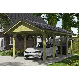 Satteldach-Carport Wallgau aus Holz mit Dachlattung und geparktem PKW.