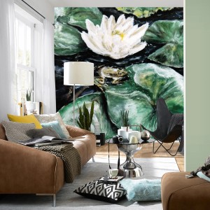 Fototapete mit Seerose im Wohnzimmer, klassische Kunst Tapete in Grün, Vliestapete mit Blumenmuster.