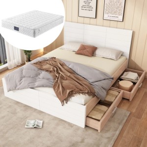 Modernes Holzbett 160x200cm in Weiß/Eiche mit Kopfteil, zwei Schubladen und Matratze. Ideal für Schlafzimmer.