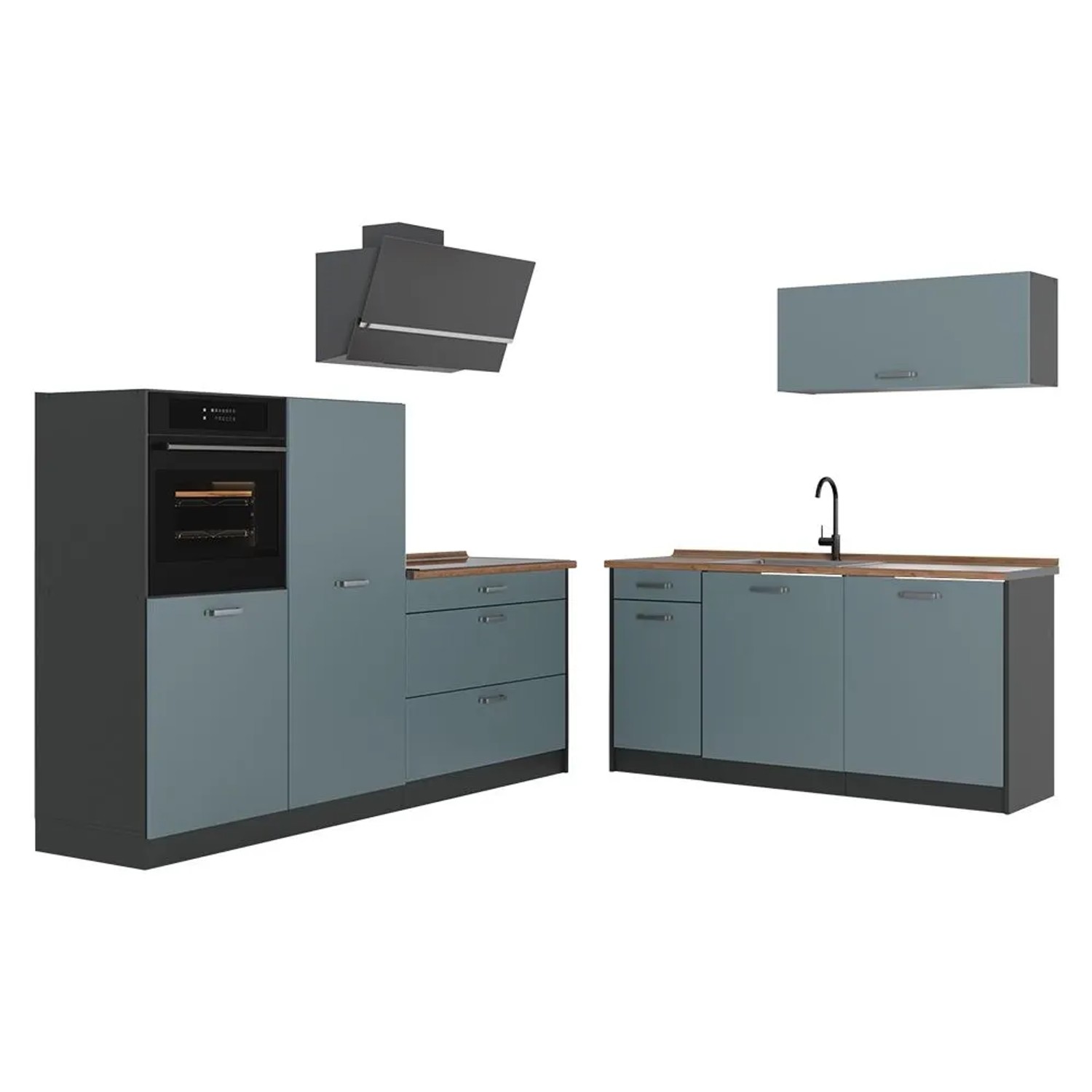 Vicco Küchenzeile R-Line Blau-Grau/Anthrazit 220 x 143 Arbeitsplatte Goldkraft Eiche Art Nr 67082