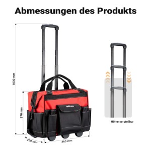 Roter Wiltec Werkzeugtrolley mit ausziehbarem Griff, Rollen und 19 Fächern. Abgebildete Maße: 46x25x37 cm.