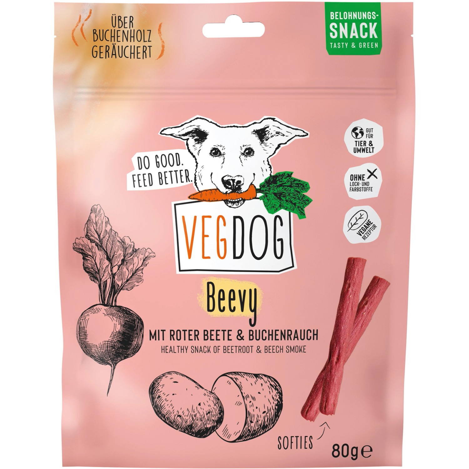VegDog Hunde-Snack Beevy Sticks mit Roter Beete und Buchenrauch 80 g