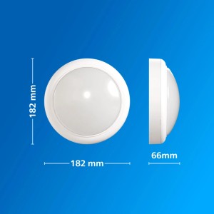 Abbildung der runden, weißen Philips Projectline Wandleuchte mit Sensor und Maßangaben.