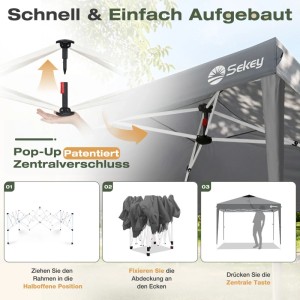 Sekey Faltpavillon 3x3 m Wasserdicht mit Belüftung UV Schutz 50