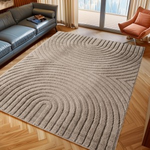 Beiger Ayyildiz Kurzflorteppich (120x170 cm) mit 3D-Reliefmuster im Wohnzimmer.