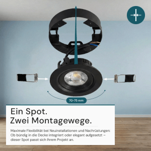 Schwarzer LED Einbauspot (Ø70-75mm) für Ein- und Aufbau, dimmbar, mit CCT-Funktion (warm-kaltweiß).