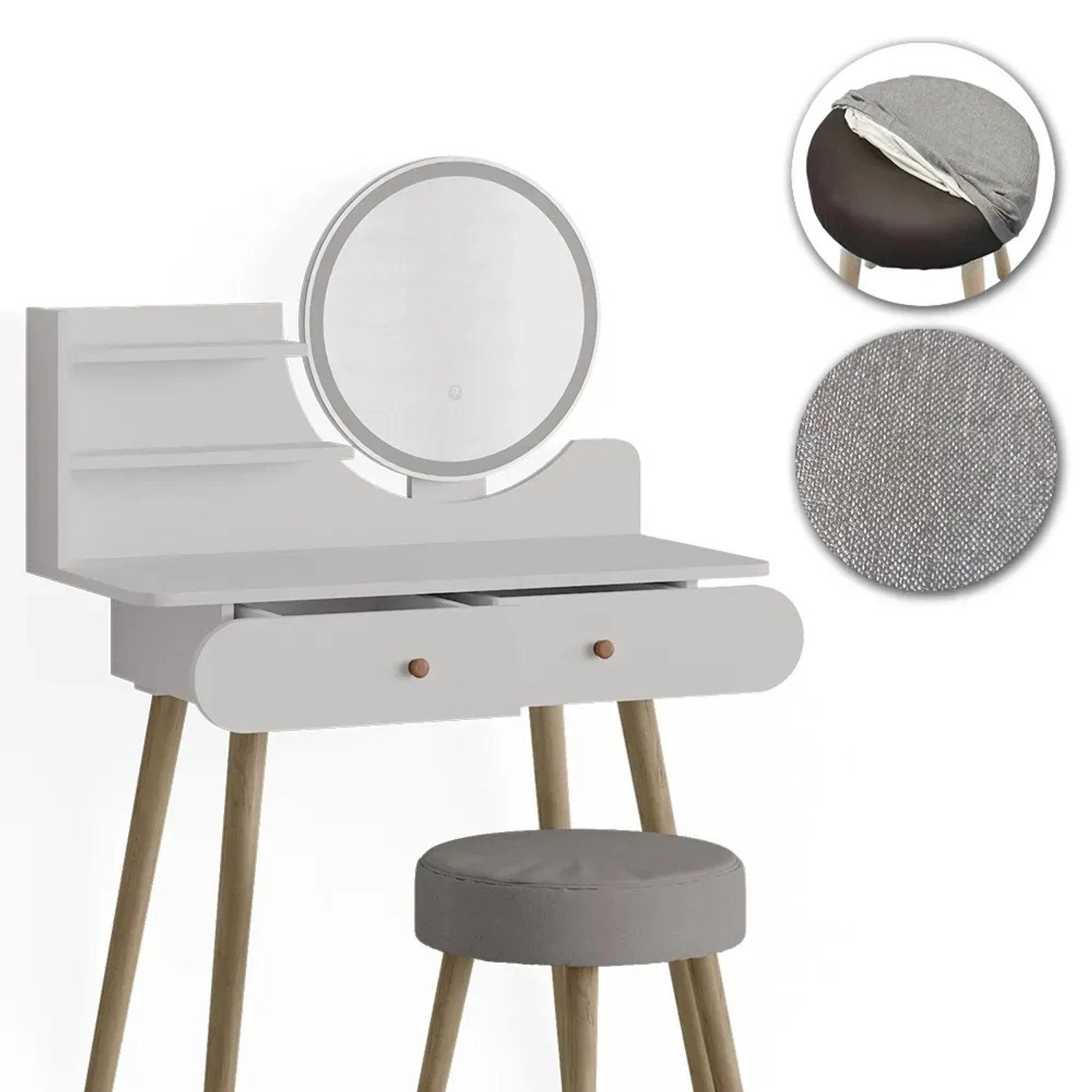 Weißer Vicco Schminktisch Edda 80 cm mit LED-Spiegel und Hocker.