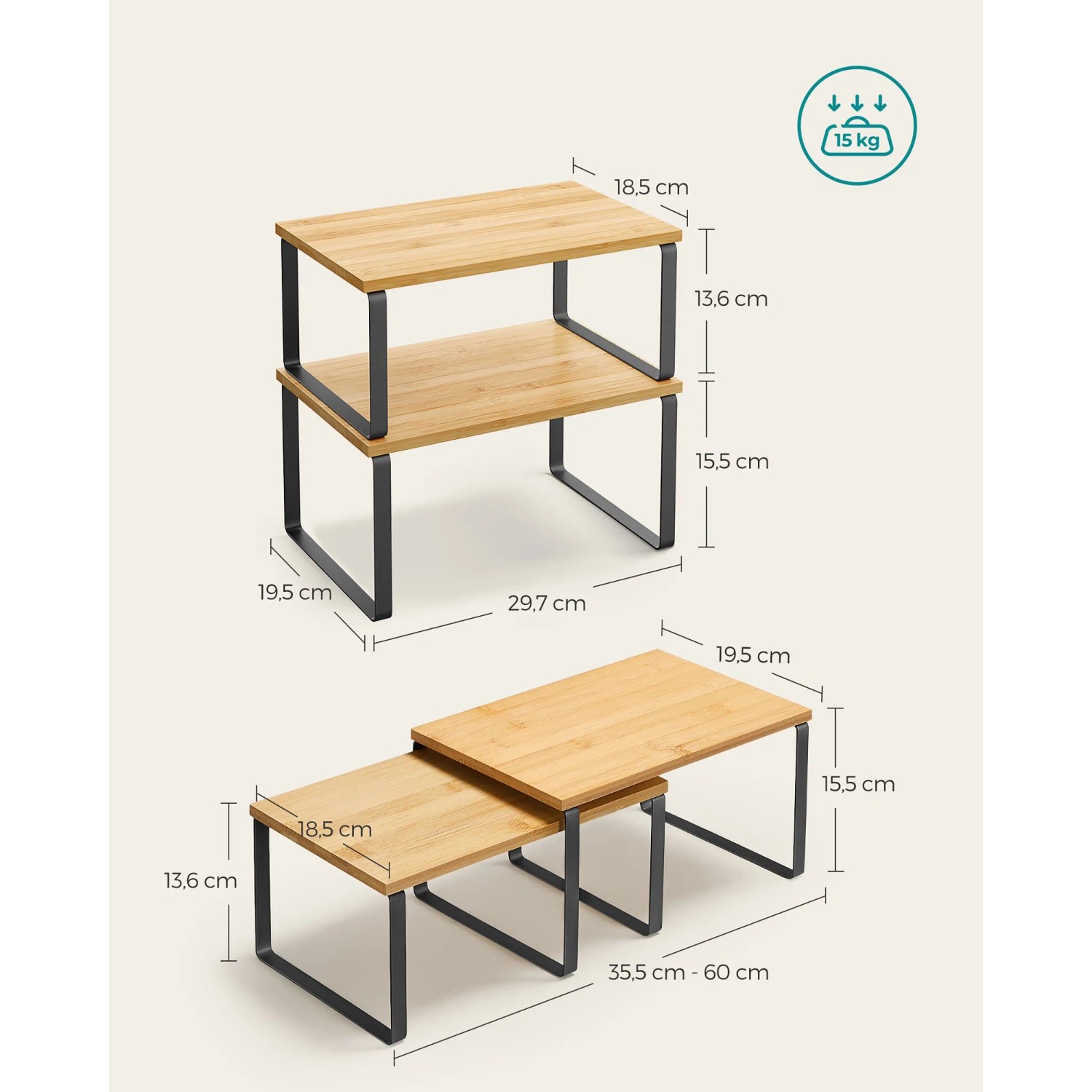 Songmics Gewürzregale-Set, 2-teilig, Natur/Schwarz, stapelbar für Küche & mehr.