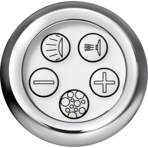 Bedienelement des Ottofond Madras Whirlpools mit Symbolen für Licht, Düsen und Intensität.
