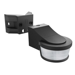 Schwarzer LED Bewegungsmelder 3in1 mit Eck-, Wand- und Deckenhalterung.