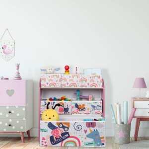 Buntes Kinderregal mit 6 Stoffboxen, MDF und Holz, 66x63x30 cm. Spielzeugregal mit Superheldin-Motiv.