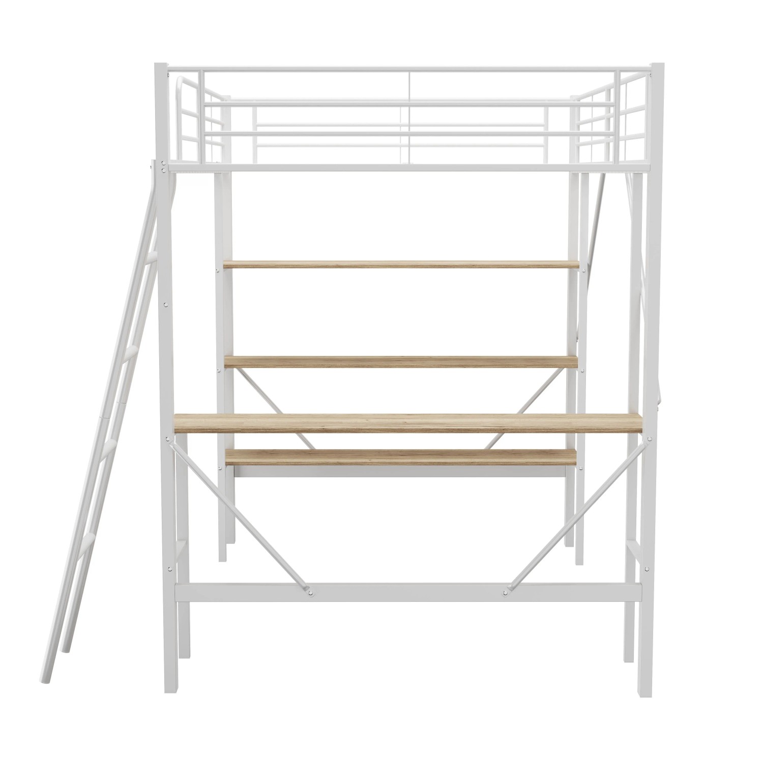 okwish Eisenbett 90×200 mit Schreibtisch und Drei Großen Ablagen ohne Matratze