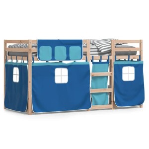 Blaues Etagenbett 90x200 cm aus Kiefernholz mit Vorhängen für Kinder.