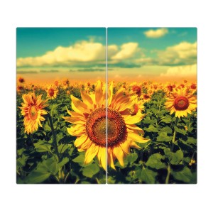 2-teilige Glas Herdabdeckplatte mit Sonnenblumen Motiv, je 30x52 cm.