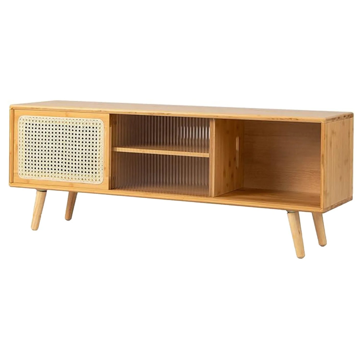 Costway Bambus TV Schrank mit Rattan- & Glasschiebetür Natur günstig online kaufen